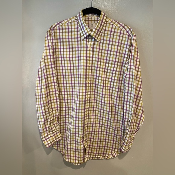 Peter Millar Plaid Button Down Mens Shirt Size M 100% Cotton Purple Green White - Picture 2 of 9
